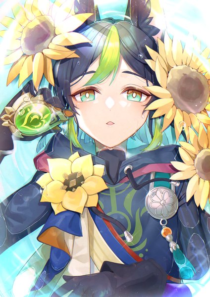 Anime picture 800x1131 with genshin impact tighnari (genshin impact) rin gotarou single tall image looking at viewer short hair black hair holding green eyes animal ears upper body multicolored hair streaked hair partially submerged afloat boy gloves flower (flowers) black gloves