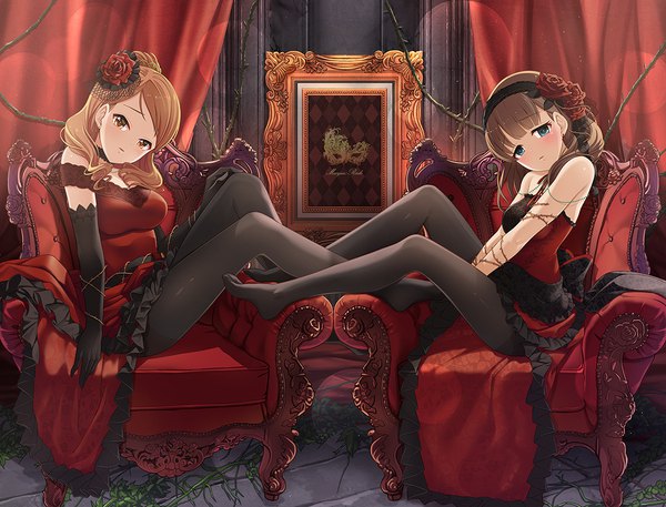 Anime picture 1085x827 with idolmaster idolmaster cinderella girls idolmaster cinderella girls starlight stage houjou karen sakuma mayu kazu long hair looking at viewer blush fringe breasts blue eyes brown hair sitting multiple girls brown eyes blunt bangs head tilt hair flower no shoes