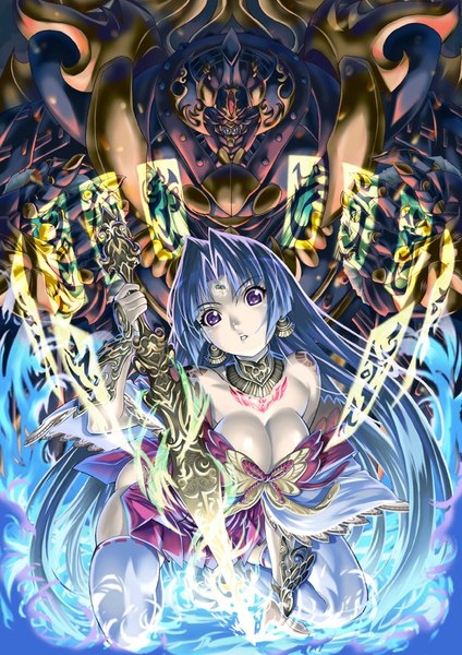 Anime picture 707x1000 with original saburou (hgmg) tall image fringe breasts light erotic purple eyes blue hair cleavage very long hair tattoo kneeling glow bodypaint girl thighhighs weapon earrings white thighhighs sword