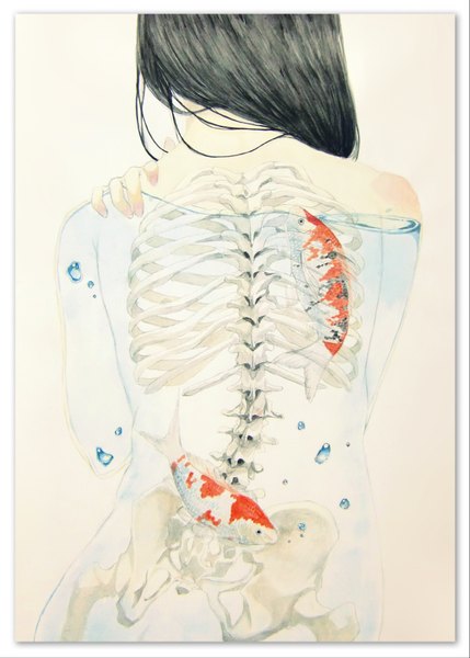 Anime picture 2570x3595 with original blue* single long hair tall image highres black hair simple background from behind back traditional media skeleton abstract girl water bubble (bubbles) fish (fishes)