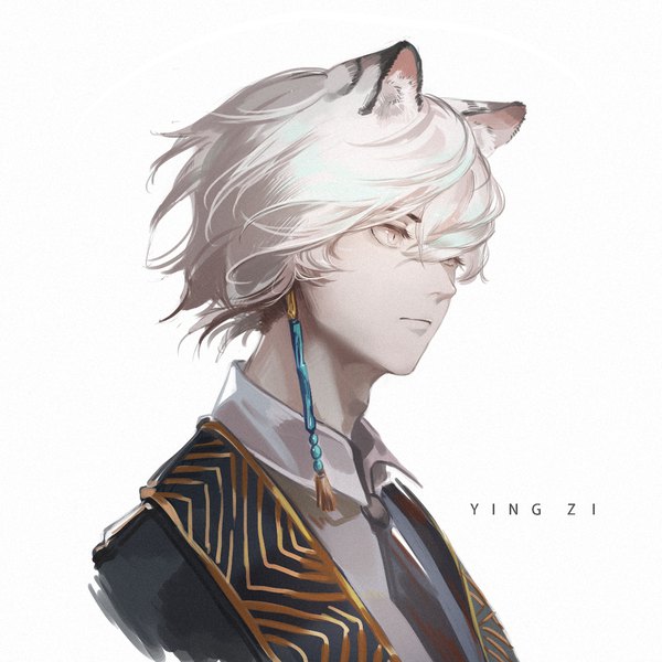 Anime picture 1150x1150 with arknights silverash (arknights) yingzi single fringe short hair simple background hair between eyes white background signed animal ears looking away white hair portrait expressionless white eyes boy