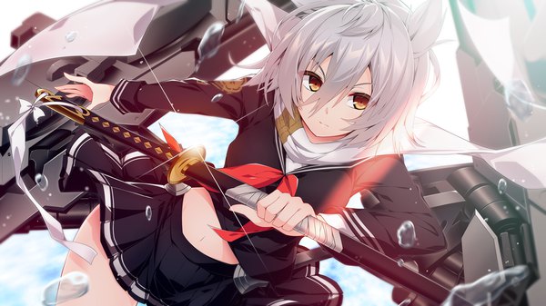 Anime picture 1166x656 with azur lane maya (azur lane) sakurame single looking at viewer fringe short hair hair between eyes wide image holding brown eyes animal ears silver hair bare belly sparkle outstretched arm fighting stance girl skirt navel