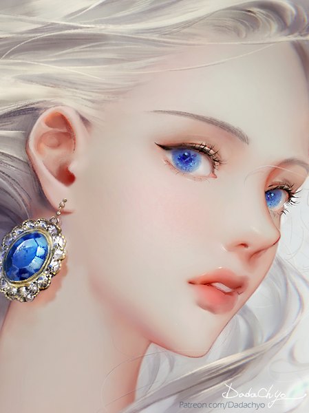 Anime picture 800x1070 with original dadachyo single long hair tall image looking at viewer open mouth blue eyes simple background blonde hair signed parted lips lips realistic grey background close-up girl earrings