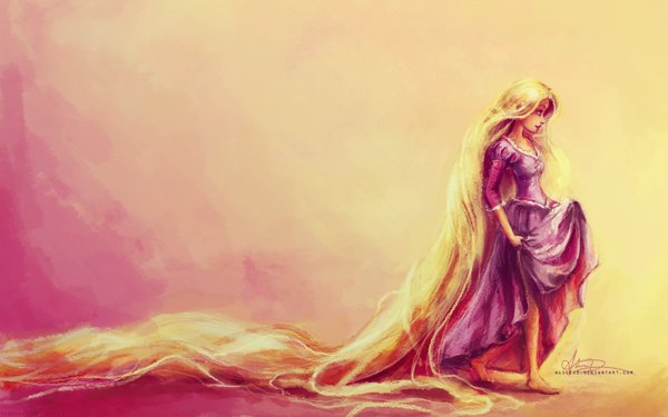 Anime picture 1440x900 with tangled disney rapunzel alicexz blonde hair wide image very long hair profile barefoot yellow background girl dress