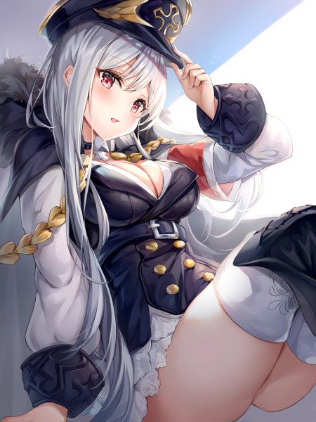Anime picture 900x1200 with girls frontline kar98k (girls frontline) narae single long hair tall image looking at viewer blush fringe breasts open mouth light erotic simple background hair between eyes red eyes large breasts sitting cleavage silver hair long sleeves