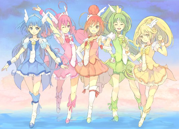 Anime picture 1243x900 with precure smile precure! toei animation aoki reika kise yayoi midorikawa nao hoshizora miyuki hino akane (smile precure!) cure beauty cure peace cure happy cure march cure sunny toromi chuka long hair looking at viewer blush open mouth blue eyes blonde hair