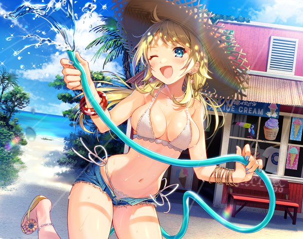Anime picture 1000x792 with idolmaster idolmaster shiny colors hachimiya meguru joey koguma single long hair fringe breasts open mouth blue eyes light erotic blonde hair smile standing twintails holding looking away sky cleavage cloud (clouds)
