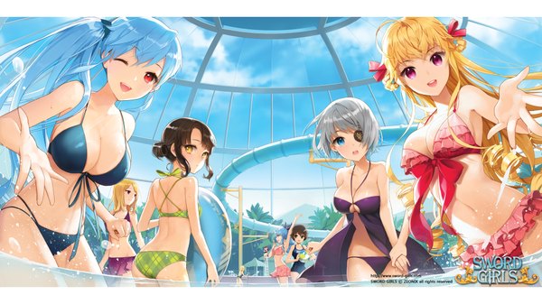 Anime picture 1920x1080 with sword girls iri flina sita vilosa cinia pacifica luthica preventer long hair highres short hair breasts open mouth blue eyes light erotic black hair blonde hair red eyes wide image purple eyes multiple girls yellow eyes blue hair