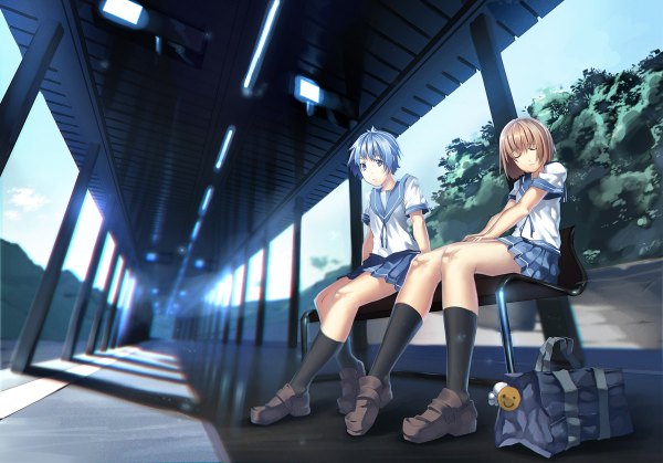 Anime picture 1200x838 with original joeian (artist) short hair blue eyes brown hair sitting multiple girls blue hair eyes closed girl uniform 2 girls school uniform socks serafuku black socks bag