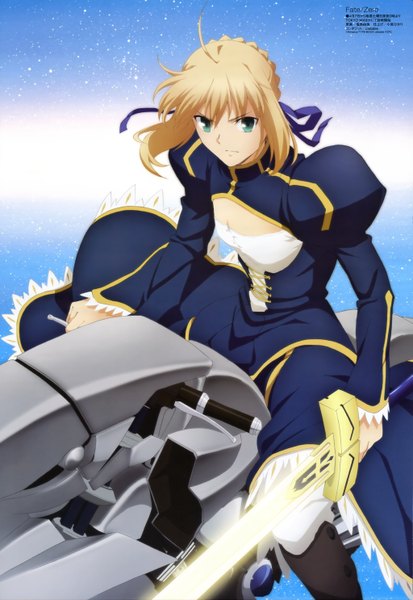 Anime picture 4090x5944 with fate (series) fate/stay night fate/zero studio deen type-moon megami magazine artoria pendragon (all) saber tall image highres blonde hair green eyes absurdres official art girl dress ribbon (ribbons) weapon hair ribbon sword