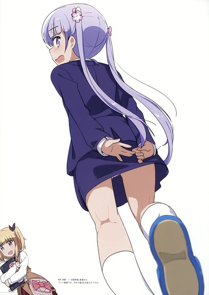 Anime picture 2479x3500 with new game! doga kobo milky been! (ogipote) - anime yorozu ira hon (artbook) suzukaze aoba iijima yun ogipote long hair tall image looking at viewer fringe highres short hair open mouth light erotic simple background blonde hair white background purple eyes twintails multiple girls