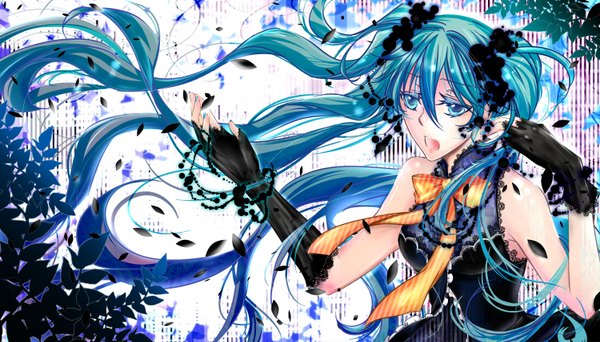 Anime picture 1500x857 with vocaloid hatsune miku tubakinokubi single fringe open mouth simple background hair between eyes wide image twintails very long hair nail polish :d aqua eyes aqua hair singing girl gloves petals bowtie