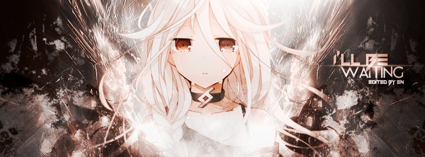 Anime picture 851x315 with vocaloid ia (vocaloid) redeye27 single long hair looking at viewer fringe hair between eyes wide image bare shoulders brown eyes white hair braid (braids) tears girl choker