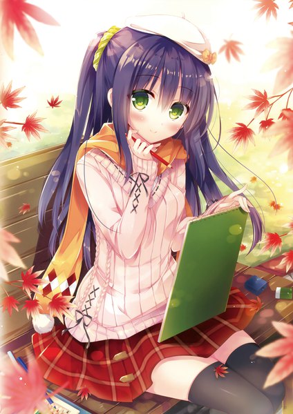 Anime picture 2771x3922 with original hisama kumako single long hair tall image looking at viewer blush fringe highres smile hair between eyes sitting green eyes purple hair outdoors ponytail from above scan plaid skirt autumn