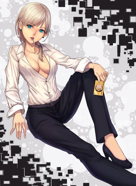 Anime picture 2468x3389 with c: the money of soul and possibility control jennifer satou jun (goodgun7) single tall image highres blue eyes light erotic cleavage white hair open clothes no bra open shirt mouth hold girl shirt shoes pants lollipop card (cards)