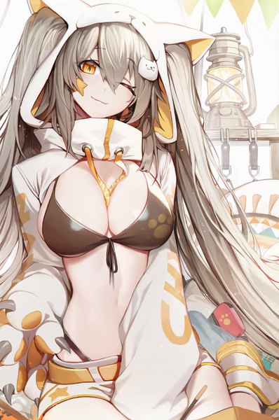 Anime picture 2715x4096 with original chyan single long hair tall image looking at viewer fringe highres breasts light erotic smile hair between eyes large breasts sitting twintails yellow eyes payot cleavage long sleeves head tilt