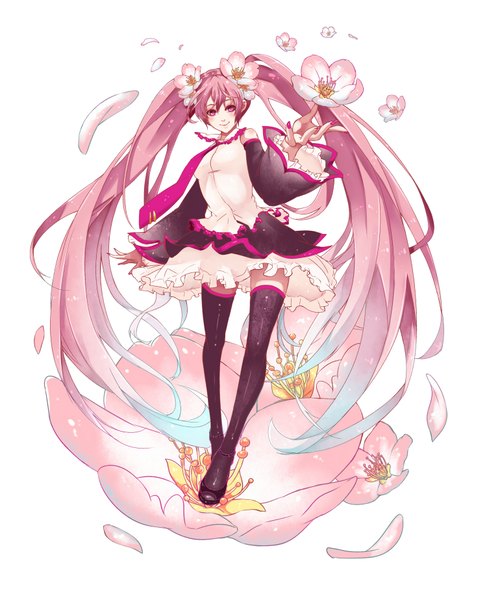 Anime picture 1500x1846 with vocaloid hatsune miku sakura miku phino (jinko0094) single tall image blush simple background smile white background twintails looking away pink hair very long hair nail polish pink eyes hair flower girl thighhighs hair ornament