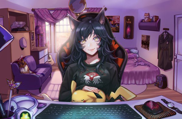Anime picture 3402x2233 with pokemon league of legends nintendo pikachu poro (league of legends) espeon shinaa (maddynshinaa) single long hair looking at viewer fringe highres black hair smile sitting brown eyes animal ears absurdres indoors alternate costume
