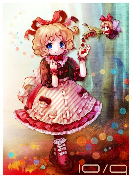 Anime picture 981x1324 with touhou medicine melancholy su-san amo tall image looking at viewer short hair blue eyes blonde hair smile multiple girls border fairy girl flower (flowers) ribbon (ribbons) 2 girls hair ribbon food boots