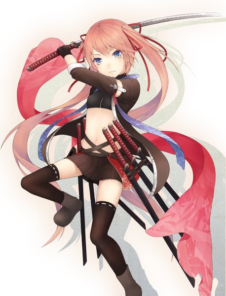 Anime picture 1145x1500 with original kyoeiki single tall image blue eyes twintails pink hair very long hair girl thighhighs gloves navel ribbon (ribbons) weapon black thighhighs hair ribbon miniskirt sword katana