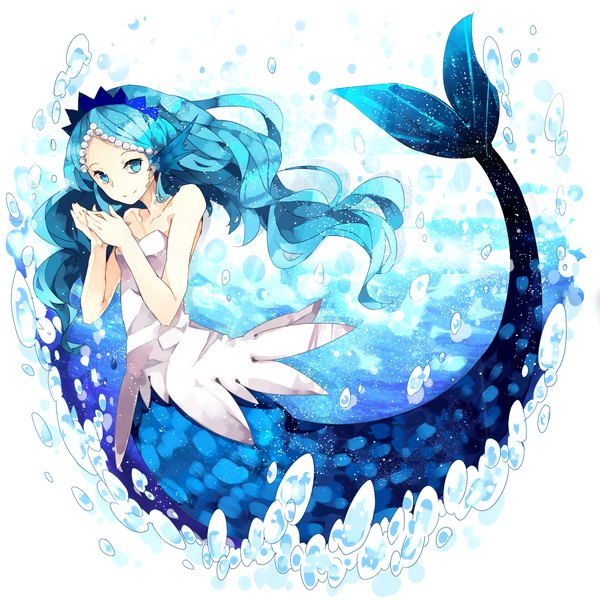 Anime picture 1200x1200 with pop'n music mana (pop'n music) rooseputo 02 single long hair blue eyes smile white background bare shoulders blue hair looking away light smile underwater girl water bubble (bubbles) mermaid