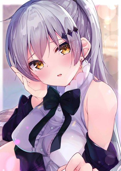 Anime picture 1534x2165 with girls frontline five-seven (girls frontline) rouka (akatyann) single long hair tall image looking at viewer blush fringe breasts open mouth light erotic hair between eyes large breasts bare shoulders yellow eyes silver hair ponytail head tilt off shoulder