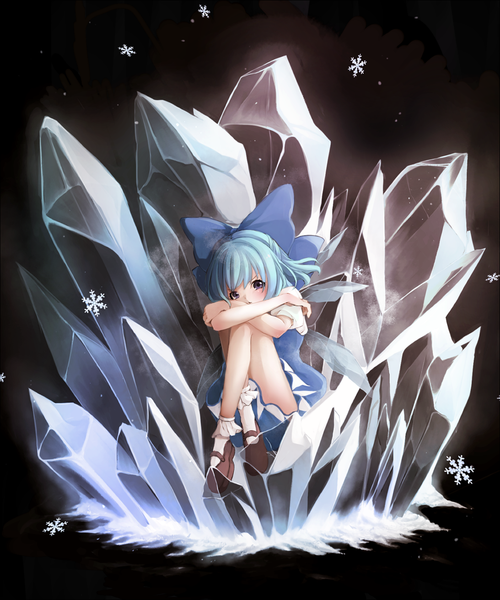 Anime picture 1093x1312 with touhou cirno nemunemu (bluelight5) single tall image looking at viewer blush short hair purple eyes blue hair crossed legs crossed arms girl bow hair bow wings crystal