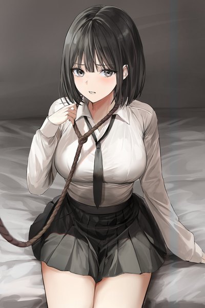 Anime picture 2731x4096 with original lillly single tall image looking at viewer blush fringe highres short hair breasts light erotic black hair large breasts sitting payot blunt bangs long sleeves parted lips pleated skirt arm up