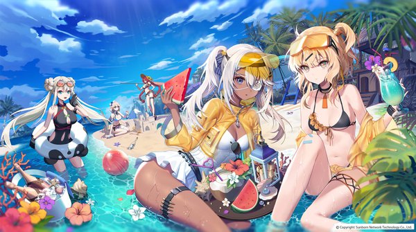 Anime picture 2048x1145 with girls frontline evo 3 (girls frontline) cf05 (girls frontline) hs.50 (girls frontline) savage 99 (girls frontline) sterling (girls frontline) lemonpear long hair looking at viewer fringe highres short hair breasts open mouth blue eyes light erotic blonde hair smile hair between eyes red eyes