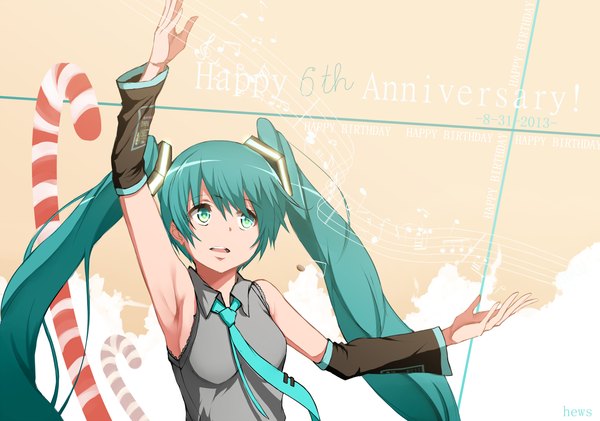 Anime picture 1410x990 with vocaloid hatsune miku hews single open mouth twintails very long hair aqua eyes aqua hair armpit (armpits) looking up girl detached sleeves necktie