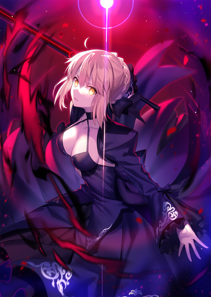 Anime picture 1488x2088 with fate (series) fate/grand order fate/stay night artoria pendragon (all) saber alter fuyuki (neigedhiver) single tall image looking at viewer fringe short hair breasts blonde hair hair between eyes holding yellow eyes payot cleavage ahoge braid (braids)