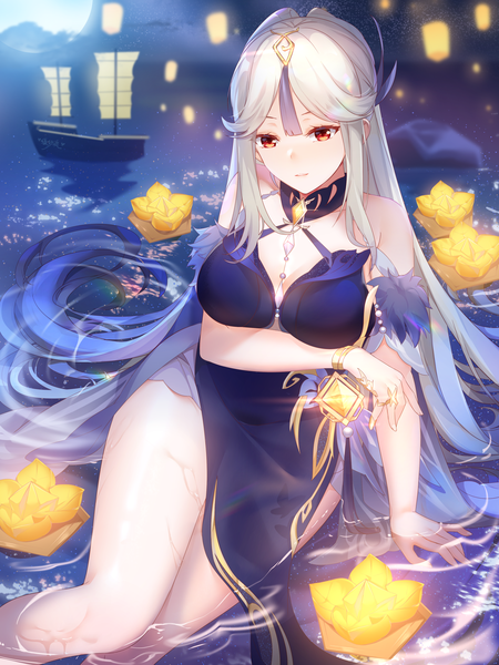 Anime picture 1800x2400 with genshin impact ningguang (genshin impact) ningguang (orchid's evening gown) (genshin impact) lingshalan single long hair tall image looking at viewer blush highres breasts light erotic blonde hair smile red eyes large breasts sitting bare shoulders signed outdoors