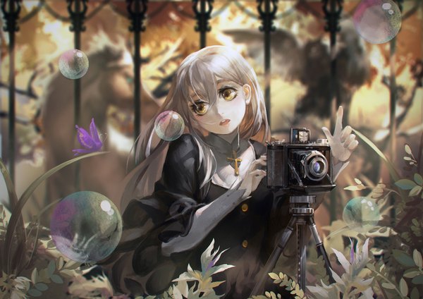 Anime picture 1528x1080 with original pixiv fantasia pixiv fantasia fallen kings alcd single long hair blush yellow eyes looking away grey hair depth of field fantasy girl dress flower (flowers) plant (plants) animal pendant insect butterfly