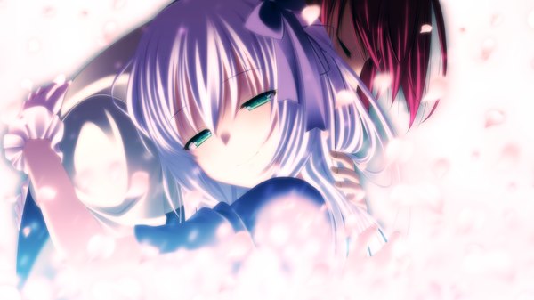 Anime picture 2560x1440 with gensou no idea kenzaki noel makita maki long hair highres short hair wide image white background green eyes game cg silver hair red hair eyes closed couple hug girl boy petals