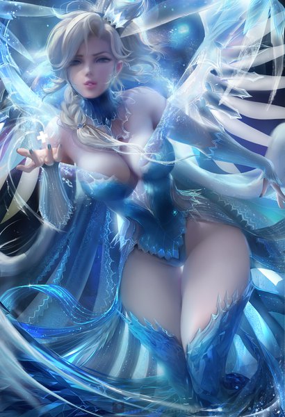 Anime picture 2532x3700 with overwatch blizzard entertainment mercy (overwatch) sakimichan single long hair tall image looking at viewer blush fringe highres short hair breasts blue eyes light erotic blonde hair hair between eyes standing bare shoulders cleavage