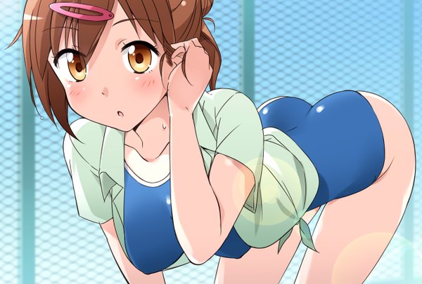 Anime picture 2622x1772 with chuunibyou demo koi ga shitai! kyoto animation nibutani shinka mousou (mousou temporary) single long hair blush highres breasts open mouth light erotic brown hair large breasts brown eyes ass alternate hairstyle arched back hair up girl hair ornament