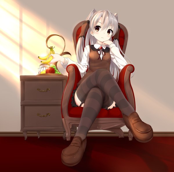 Anime picture 2708x2677 with kantai collection amatsukaze destroyer leaf1031 single long hair highres sitting brown eyes silver hair two side up crossed legs girl thighhighs shoes striped thighhighs fruit armchair banana