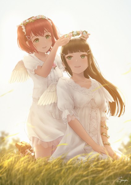 Anime picture 993x1404 with love live! sunshine!! sunrise (studio) love live! kurosawa ruby kurosawa dia papi (papiron100) long hair tall image blush fringe short hair open mouth black hair smile hair between eyes sitting multiple girls green eyes signed looking away