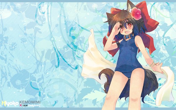 Anime picture 1920x1200 with original cocoa (toba) hiiragi ryou toba hiyoko single looking at viewer blush highres short hair open mouth light erotic red eyes brown hair wide image hair flower wallpaper blue background dog ears salute dog tail