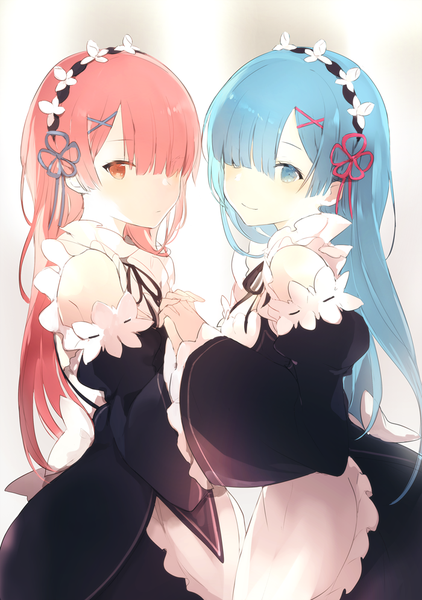 Anime-Bild 700x996 mit re:zero kara hajimeru isekai seikatsu white fox rem (re:zero) ram (re:zero) lpip long hair tall image looking at viewer blush fringe blue eyes simple background smile multiple girls blue hair pink hair hair over one eye maid orange eyes holding hands