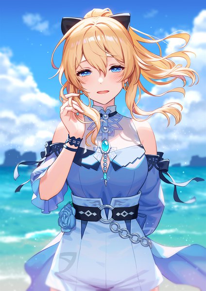 Anime picture 868x1227 with genshin impact jean gunnhildr jean (sea breeze dandelion) (genshin impact) esukee single long hair tall image looking at viewer fringe open mouth blue eyes blonde hair hair between eyes bare shoulders sky cloud (clouds) outdoors ponytail :d wind