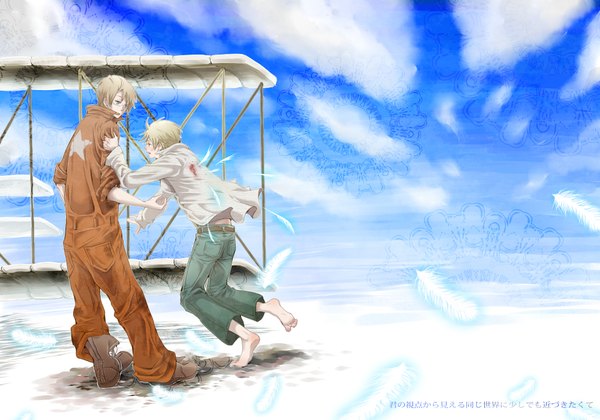 Anime picture 2000x1400 with axis powers hetalia studio deen united kingdom (hetalia) america (hetalia) kosokoso (artist) highres short hair blonde hair cloud (clouds) from behind falling boy shirt blood pants feather (feathers) jeans overalls