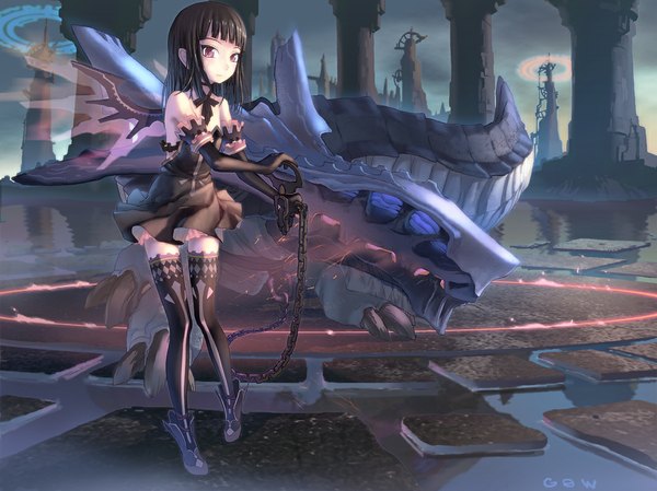 Anime picture 1067x800 with original tougetsu gou single long hair fringe black hair blunt bangs pink eyes fantasy girl thighhighs dress black thighhighs wings shoes black dress chain dragon