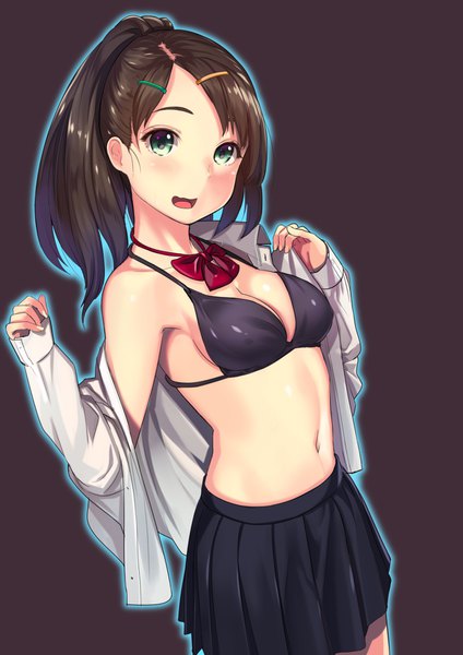 Anime picture 1280x1810 with original kagematsuri single long hair tall image blush breasts open mouth blue eyes light erotic simple background brown hair ponytail open shirt dark background girl skirt navel uniform school uniform