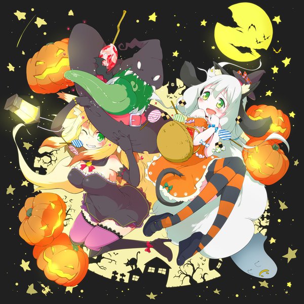 Anime picture 1280x1280 with original yagami ryouichi long hair fringe breasts open mouth blonde hair smile multiple girls green eyes animal ears white hair tail animal tail one eye closed cat tail fox ears grin halloween ghost