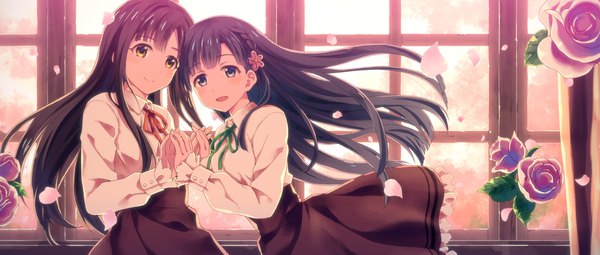 Anime picture 1920x817 with idolmaster idolmaster cinderella girls kobayakawa sae mizumoto yukari yuuki tatsuya long hair looking at viewer blush fringe highres open mouth black hair smile brown hair wide image multiple girls yellow eyes upper body indoors blunt bangs