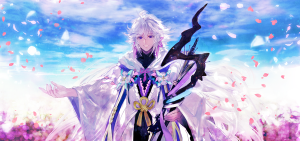 Anime picture 1700x801 with fate (series) fate/grand order merlin (fate) shutsuri single looking at viewer fringe smile hair between eyes wide image purple eyes sky silver hair cloud (clouds) upper body very long hair outstretched arm boy petals tassel