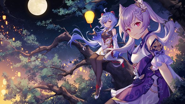 Anime picture 1400x788 with genshin impact ganyu (genshin impact) keqing (genshin impact) panpanmeiyou hp long hair looking at viewer fringe hair between eyes red eyes wide image sitting twintails multiple girls purple hair full body ahoge very long hair horn (horns) night tree sitting