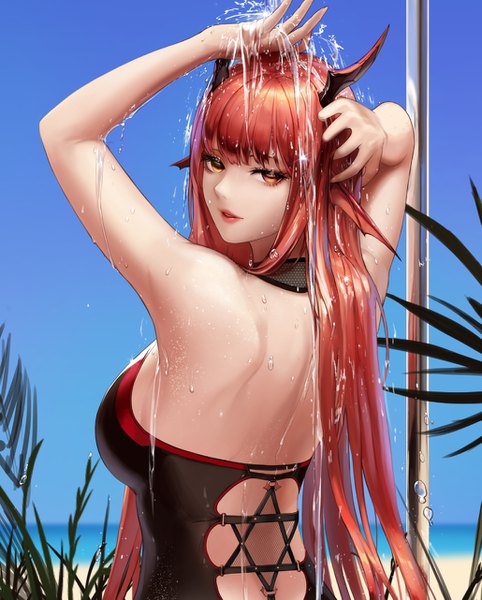 Anime picture 1029x1281 with dungeon and fighter monaim single long hair tall image looking at viewer blush fringe light erotic red eyes yellow eyes sky upper body outdoors red hair blunt bangs parted lips looking back arms up wet