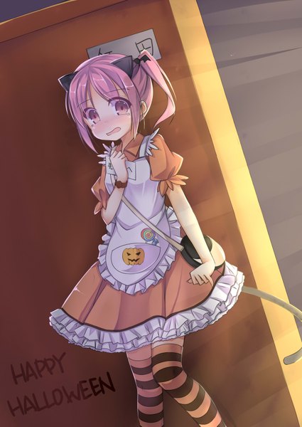 Anime picture 2507x3541 with original amemiya ruki single tall image blush highres short hair open mouth twintails animal ears pink hair pink eyes cat ears cat tail tears short twintails halloween waitress happy halloween girl